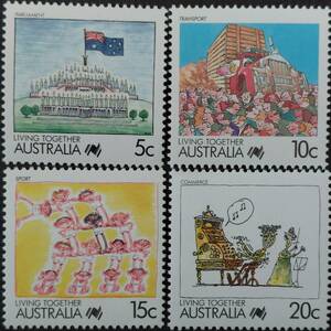 J278 オーストラリア切手「『LIVING　TOGETHER』(共に生きよう)をテーマとした各ジャンルの楽しいイラスト切手4種セット②」1988年　未使用