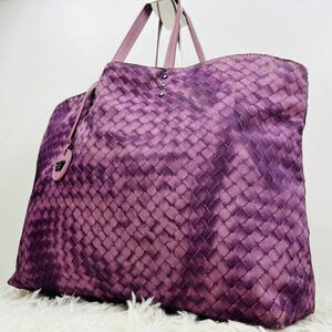 【美品/A4】ボッテガヴェネタ BOTTEGA VENETA イントレッチオリュージョン トートバッグ ハンド ナイロン レザー パープル 肩がけ 大容量