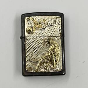 【1円〜】ZIPPO WIND-PROOF ライター 純銀製プレート 虎 トラ 現状品 ジッポ 喫煙