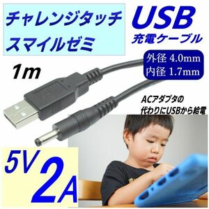 DC-USB変換電源供給ケーブル チャレンジタッチ スマイルゼミ PSP ドラレコ USB(A)(オス)⇔DC(4.0mm/1.7mm)(オス) 5V/2A 1m