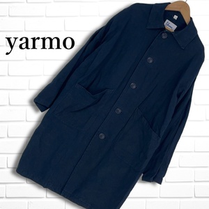 ◆良品 送料無料◆ Yarmo ヤーモ brisbane moss リネン 麻 100% ゆったり♪ ステンカラー コート 紺 ネイビー メンズ 38　3754H