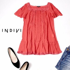 ☆☆ 美品 INDIVI インディヴィ ☆☆ 大人可愛い レース・ピンタック クレープ生地 シフォン カットソー 05号 春 夏 22B07