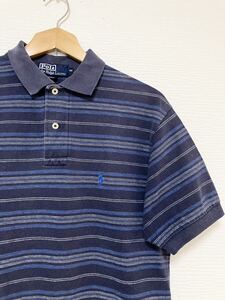 90s USA製 old vintage Polo by Ralph Lauren ポロ ラルフローレン ボーダー 半袖 鹿子 ポロシャツ M 紺 ビンテージ アメリカ古着 アメカジ