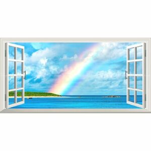 【パノラマ窓仕様】沖縄の海景色 幻想的な虹のアーチ 波照間島ニシノ浜のレインボー 壁紙ポスター 1152mm×576mm はがせるシール式 M011MS1