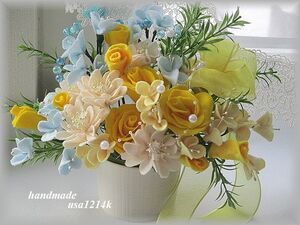 イエロー×ブルー♪イエロー薔薇＆ガーベラ置物お花飾り♪フェルトで作ったお花たち♪ハンドメイド♪