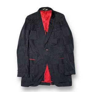 13AW COMME des GARCONS HOMME PLUS ポリ縮ブロックチェック1Bジャケット テーラード S ブラック レッド コムデギャルソンオムプリュス