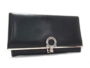 1円 Salvatore Ferragamo フェラガモ ガンチーニ レザー 二つ折り 長財布 ウォレット 札入れ 小銭入れ ブラック系 FJ4670