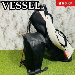 【美品】朝日ゴルフ VESSEL ベゼル VLX2.0 キャディバッグ スタンド 7.5型 ブラック×ホワイト×レッド 軽量