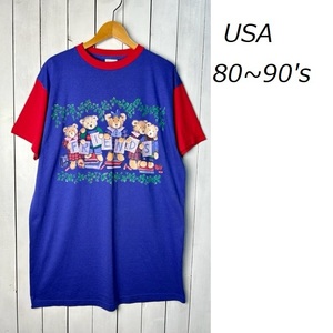 T●314 USA古着 80s～90s USA製 2トーン切替え テディベア ロングTシャツ・Tワンピース オールド ヴィンテージ アメリカ古着 Free L~XL