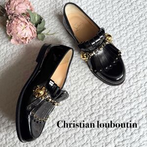 美品 希少 Christian louboutin クリスチャンルブタン パテントレザー フリンジ スタッズ ビジュー ローファー 34 ブラック 黒 21cm