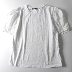 ザラ ZARA 大人可愛い コットン100％ エンブロイダリースリーブTシャツ 半袖 カジュアルにもフェミニンにも EUR/M ホワイト l0614-8