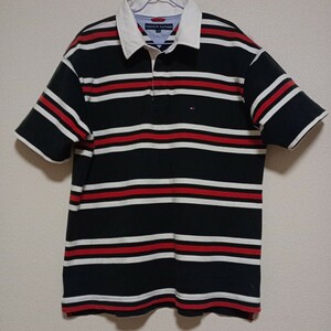 TOMMY HILFIGER　　　ボーダーデザイン厚手コットン半袖ラガシャツ　　Ｌ　　黒×白×赤