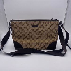 極美品 GUCCI グッチ GG キャンバス メッセンジャー バッグ 斜め掛け ブラウン ショルダー ボディバッグ 鞄 ハーフ レザー バッグ 売り切り