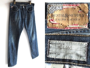 DENIM&SUPPLY RALPH LAUREN デニム&サプライ ラルフローレン 星条旗ロゴパッチ ビンテージ加工 SLIM デニムパンツ W31 インディゴ