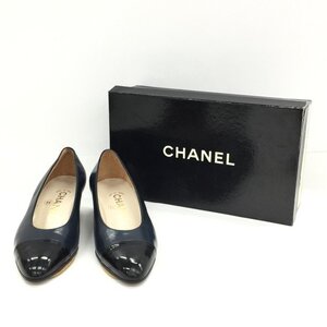 CHANEL　シャネル　ヒール　レザー　108095　ブラック系×ダークブルー系　サイズ35 1/2　箱付き【CLBA2067】