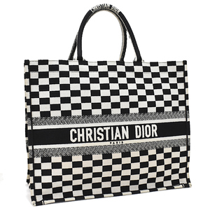 クリスチャンディオール ブックトート ラージ エンブロイダリー チェック柄 ブラック ホワイト Christian Dior