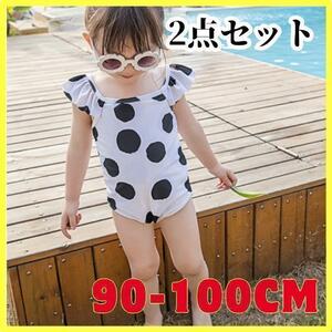 ワンピース 水着 女の子 2点セット 90 100 水着 帽子 キッズ プール ドット柄　海　旅行　水遊び　公園　夏　水玉　水泳教室 スイミング