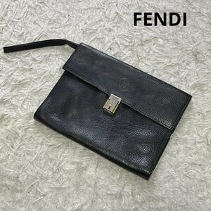 ヴィンテージ FENDI フェンディ セカンドバッグ クラッチバッグ オールド シボ革 レザー 本革 ロゴ型押し ブラック