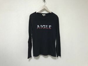 本物エーグルAIGLEコットンロゴプリント長袖ロンTシャツメンズアメカジミリタリーサーフビジネススーツM黒ブラック日本製