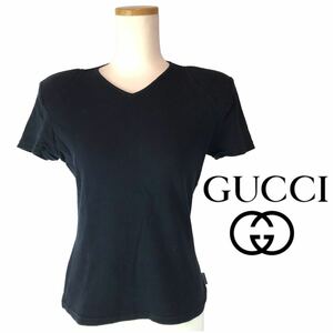 k181 GUCCI グッチ 半袖 Tシャツ カットソー リブ ブラック トップス イタリア製 L ヴィンテージ レディース 正規品