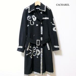 美品 CACHAREL キャシャレル サイズ36 ボタン装飾 総柄 ウエストベルト ロング ダブルブレスト チェスターコート トレンチコート ブラック