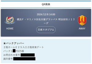 2024/12/8 14:00 横浜Ｆ・マリノス対名古屋グランパス バックアッパー 2階ホーム バック1X列575番 通路側 2枚