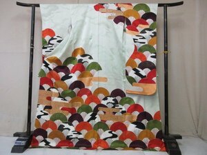 1円 良品 正絹 着物 振袖 縮緬 和装 式典 和服 正装 ヱ霞 青海波 扇子 カラフル 袷 身丈170cm 裄62cm ◆逸品◆【夢職】★★★★