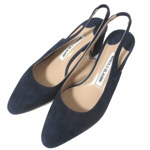 未使用 MANOLO BLAHNIK マノロブラニク allurasa 50 スエード チャンキーヒール バックストラップ ミュール パンプス 34 22cm ネイビー