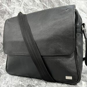 1円【極美品 大容量】dunhill ダンヒル ショルダーバッグ A4○ メンズ ビジネス メッセンジャー シボ 斜め掛け 本革 オールレザー ブラック