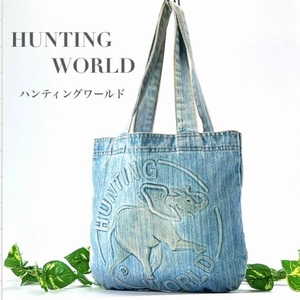 HUNTING WORLD ハンティングワールド トートバッグ ハンドバッグ 肩がけ デニム 象 ロゴ ブルー 水色 ブランド 通学 A4収納可 レディース