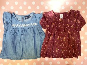 GAP baby ギャップベビー3years 100サイズ 2歳サイズ 95センチ 可愛いブラウス2点セット ワインレッド ブラウン花柄 デニム地チュニック