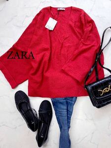 ZARA ザラ★タグ付き未使用★大人素敵★ゆったり ワイドスリーブ Vネック ニット プルオーバートップス★レッド Sサイズ 1100