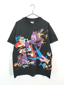 古着 90s USA製 MTV Ren&Stimpy レンとスティンピー マルチ TV アニメ キャラクター Tシャツ XL 古着