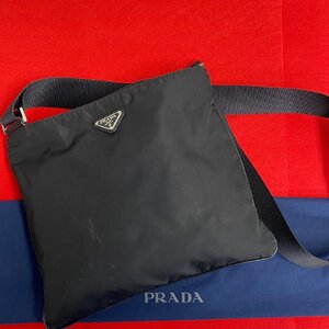 極 美品 PRADA プラダ 三角ロゴ 金具 ナイロン サフィアーノ レザー 本革 ショルダーバッグ ポシェット サコッシュ ブラック 黒 248-8