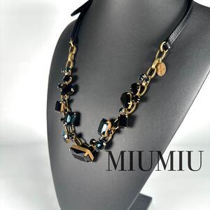 箱付き MIUMIU ネックレス チョーカー ストーン チェーン 保存袋付き ミュウミュウ アクセサリー ブロンズ ブルー ブラック