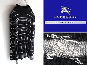 BURBERRY BLUE LABEL バーバリーブルーレーベル ホースロゴ刺繍 イタリア製糸 カシミヤアンゴラ混 ウール ボーダータートルネックニット 38