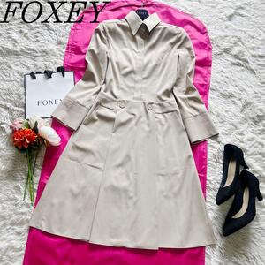 【美品】FOXEY NEW YORK 膝丈ワンピース ベージュ 38 シャツ フォクシーニューヨーク M