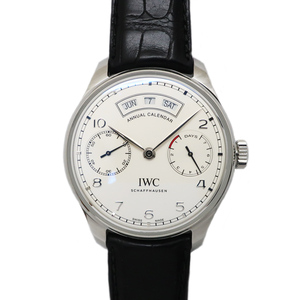 【天白】IWC ポルトギーゼ アニュアル カレンダー IW503501 シルバー SS レザー メンズ 腕時計