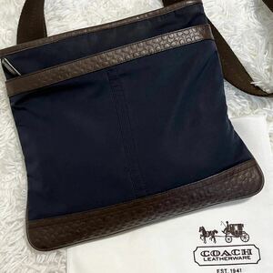 ◆美品◆コーチ COACH ショルダーバッグ サコッシュ 斜め掛け ミニシグネェーチャー レザー ナイロン ネイビー ブラウン メンズ ビジネス