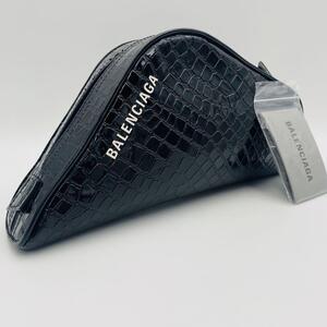 未使用級/現行 BALENCIAGA バレンシアガ セカンドバッグ クラッチ クロコ型押し 変形 三角 トライアングル ブラック ロゴ レザー