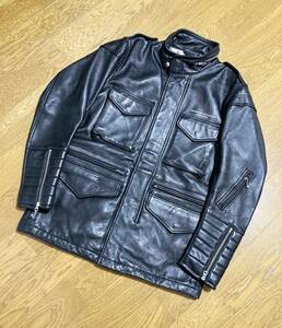 美品☆[NEIGHBORHOOD] 18AW M-65 EM/SL-JKT バイカーライダース ミリタリーレザージャケット M 羊革 ブラック ネイバーフッド