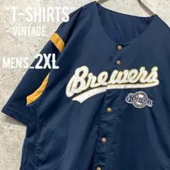 レア○vintage《MLB》ブルワーズ 刺繍ベースボールシャツ/メンズ2XL