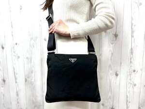 美品 PRADA プラダ テスート ショルダーバッグ バッグ ナイロン×サフィアーノレザー 黒 メンズ 79223