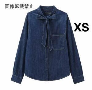 vintage ヴィンテージ レトロ デニム ボウタイ シャツ ブラウス トップス XSサイズ レディース★ZARA 好きな方に★2024 A/W 秋新作 新品★