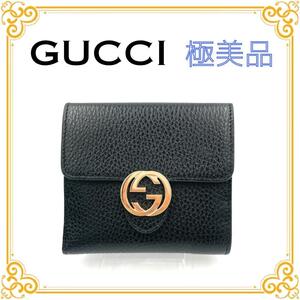 GUCCI グッチ 598167 インターロッキングG レザー 二つ折り財布 レディース メンズ ブラック 黒 美品 ゴールド金具 ユニセックス 小銭入れ