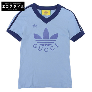 GUCCI グッチ × ADIDAS アディダス Vネック Tシャツ レディース ライトブルー XS 693636 XJEBZ