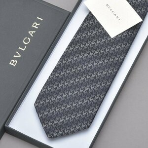 1円 未使用 BVLGARI ブルガリ 総柄 ネクタイ シルク ブラック シルバー 箱/タグ付き イタリア製 スーツ 制服 紳士 ブランド Mk.b