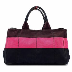 ◆良品◆ プラダ PRADA ハンドバッグ トートバッグ 鞄 カナパ ボーダー 三角プレート キャンバス G金具 黒系 ピンク系 紫系 01-24061703-N