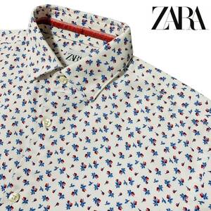 爽やか◆花柄【ZARA】半袖シャツ 美シルエットが魅力◎SLIM FIT 総柄シャツ ザラ Mサイズ相当 フラワー 白/ホワイト 極上コットン 美品