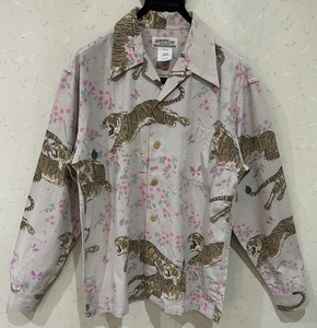 ＊マカナレイ MAKANA LEI シルク 和柄 桜 虎 タイガー 長袖 アロハシャツ オープンカラーシャツ トップス M　　　　　　 BJBC.D